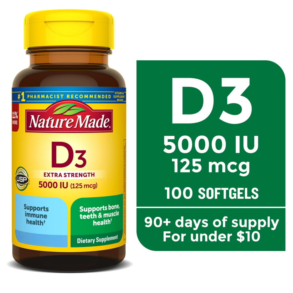 Nature Made Extra Strength Vitamin D3 5000 IU (125 mcg) Softgels, Dietary Supplement, 100 Count