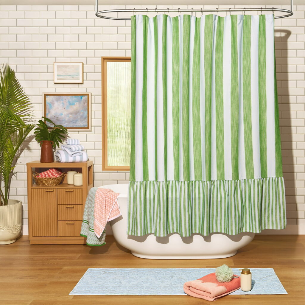 Beautiful by Drew Barrymore Mix & Match Shower Curtain, Kelly Green, Cotton-Blend, 72 in x 72 in