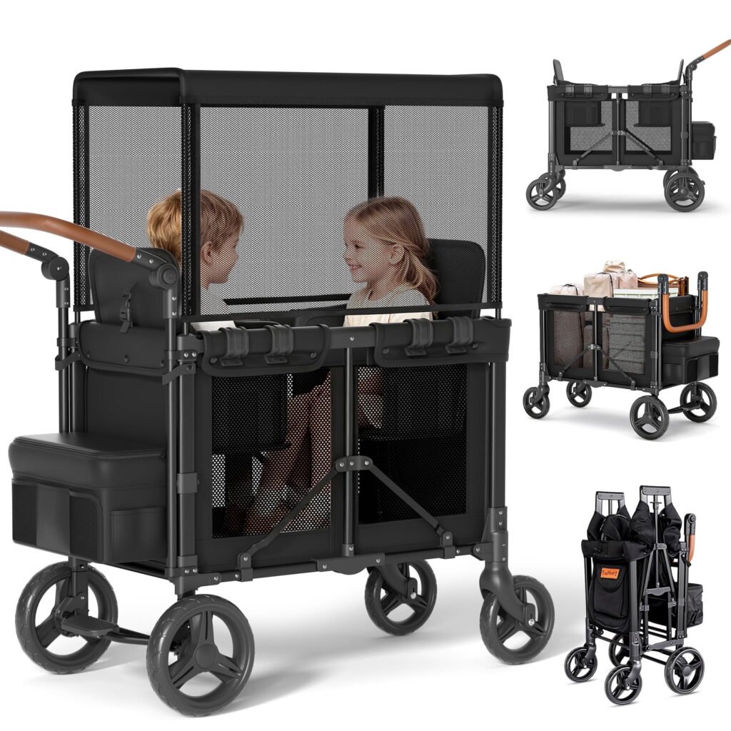 TouHeart Wagon Stroller for 2 Kids, 3-in-1 Foldable Stroller Wagon with Canopy, 5-Point Harness, 180° Adjustable Handle, Removable Seats, Black