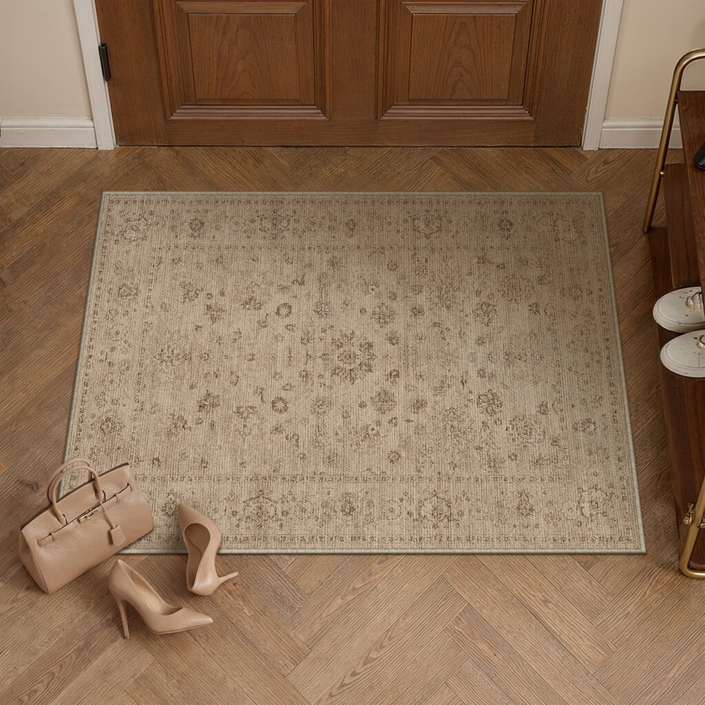 BERTHMEER 2'x3' Small Area Rugs for Entryway Doormats Indoor Bathroom Oriental Floral Vintage Farmhouse Machine Washable Non-slip Traditional Distressed Throw Rugs, Brown