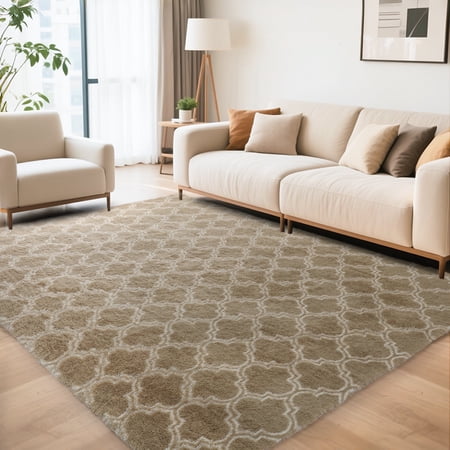 CozyDesg 5'x7' Area Rugs for Living Room,Black Rugs Shag Fluffy Shaggy Bedside Carpet, Large rug for Living Room Bedroom Dining Room Office Home Decor,Beige & White