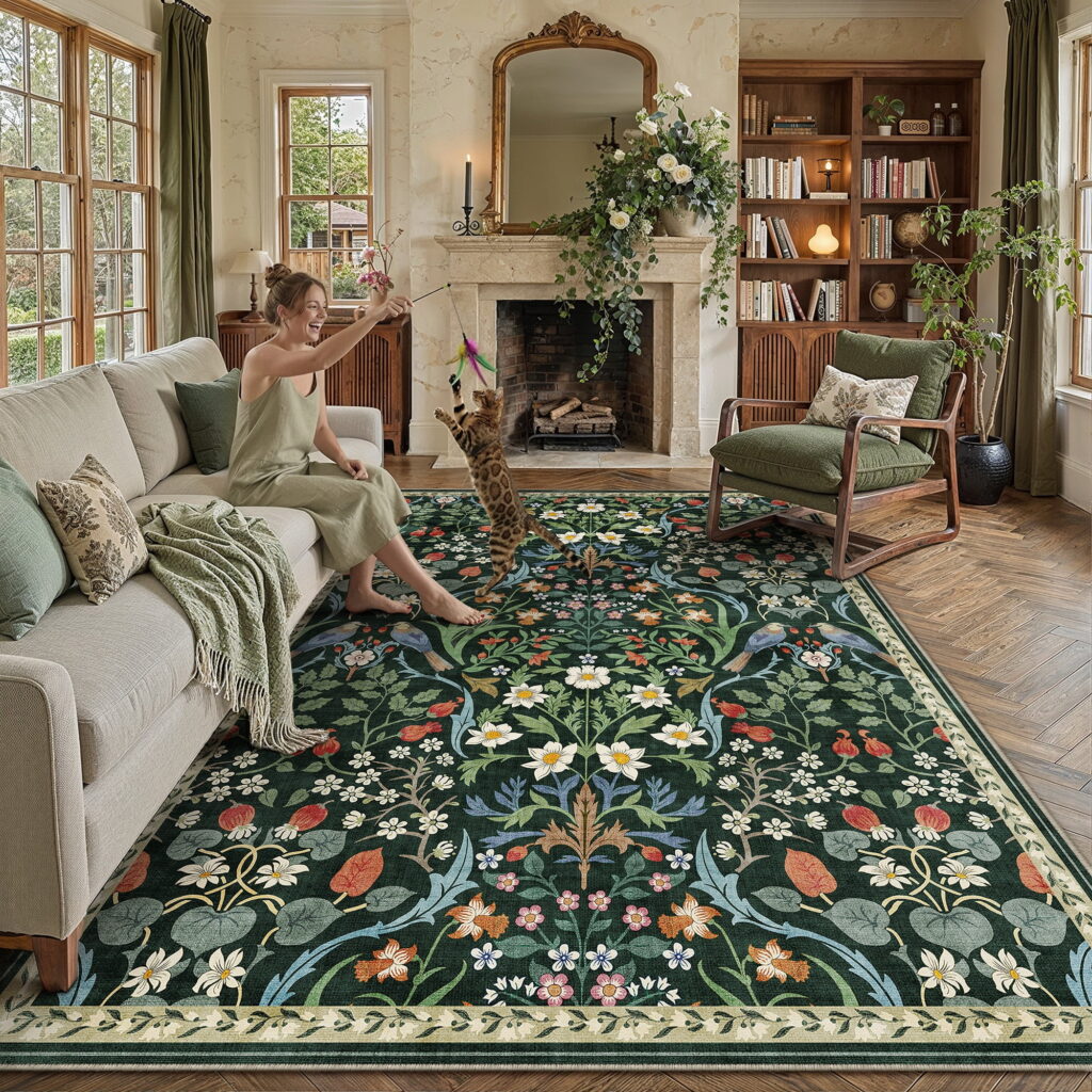 BERTHMEER Area Rugs for Living Room 8x10 Area Rug Green Flora Rug Flower Washable Non Slip Vintage Rug for Bedroom Farmhouse Office Dining Room