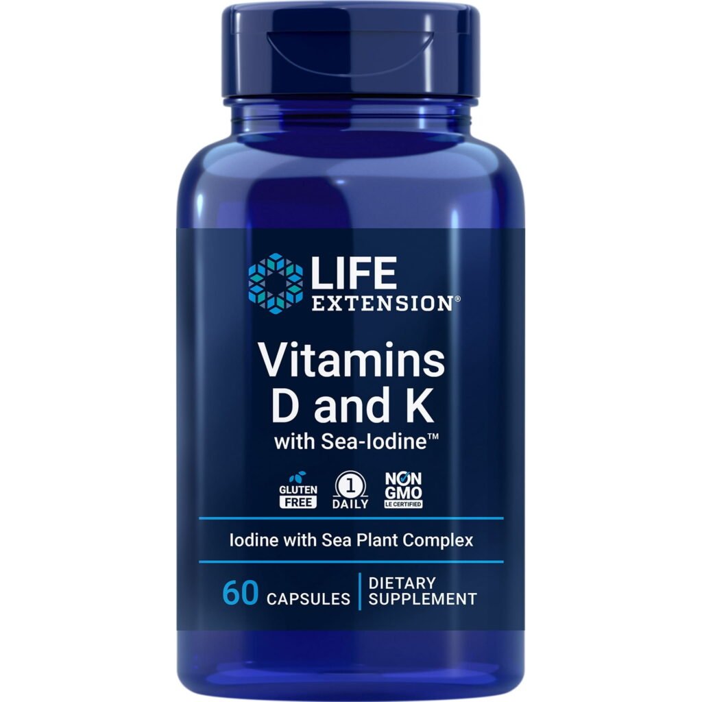 Life Extension®, Vitamins D and K with Sea-Iodine™, 5000 IU vitamin D, 2100 mcg K1, K2, 1000 mcg iodine, 60 capsules
