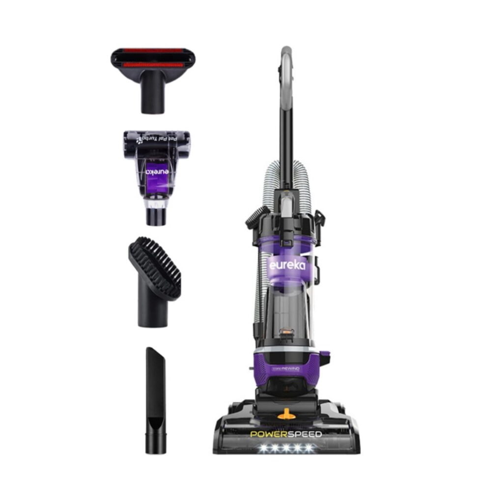 Eureka PowerSpeed Multi-Surface Upright Vacuum Cleaner with Cord Rewind, Turbo Pet Tool, Crevice Tool, Dusting Brush and Upholstery Brush, Purple, NEU203