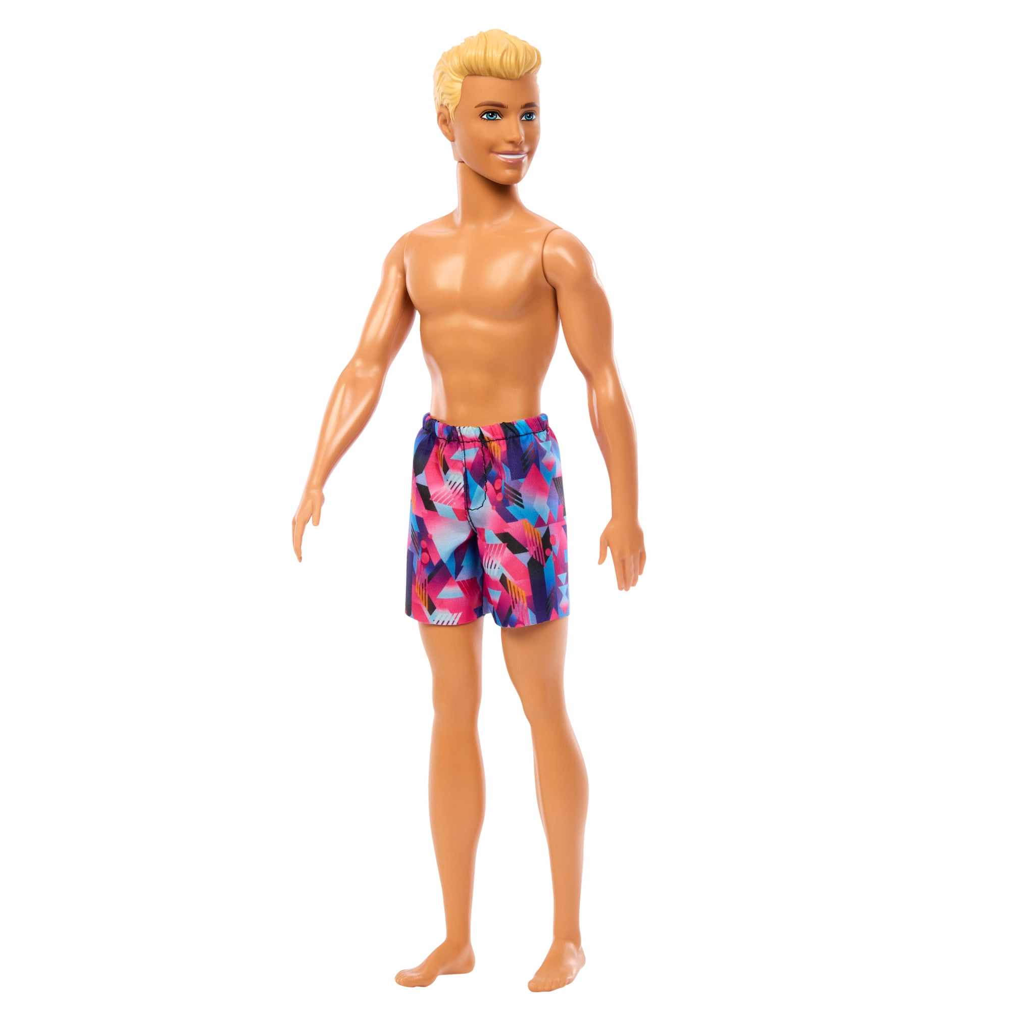 Barbie Beach Day Ken Doll with Blond Hair Wearing Purple Patterned Summer Swimsuit