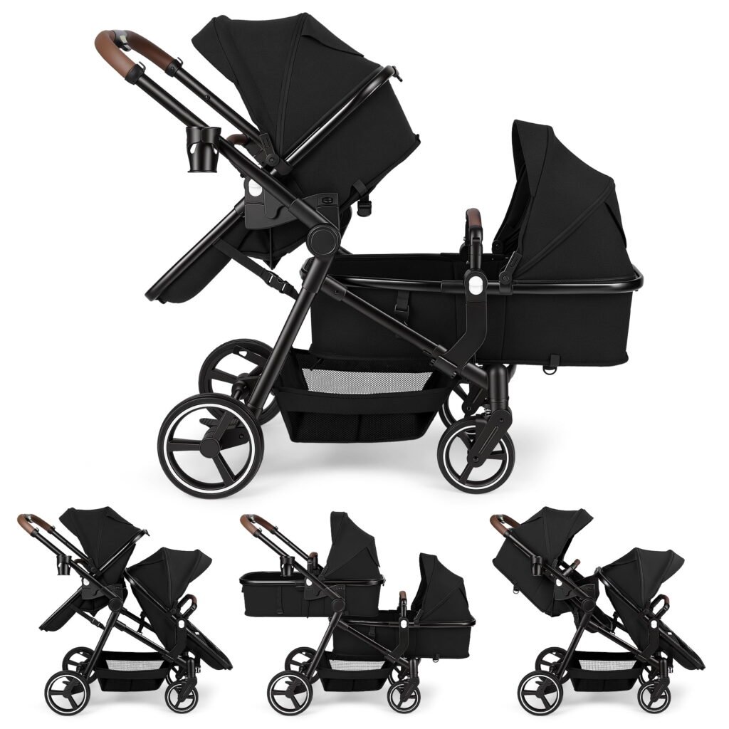 Vomeast Double Stroller for Infant and Toddlers, Foldable Twin Baby Strollers, Reversible Seat, 5-Point Harness, Adjustable Canopy & Reclining Seat, Black