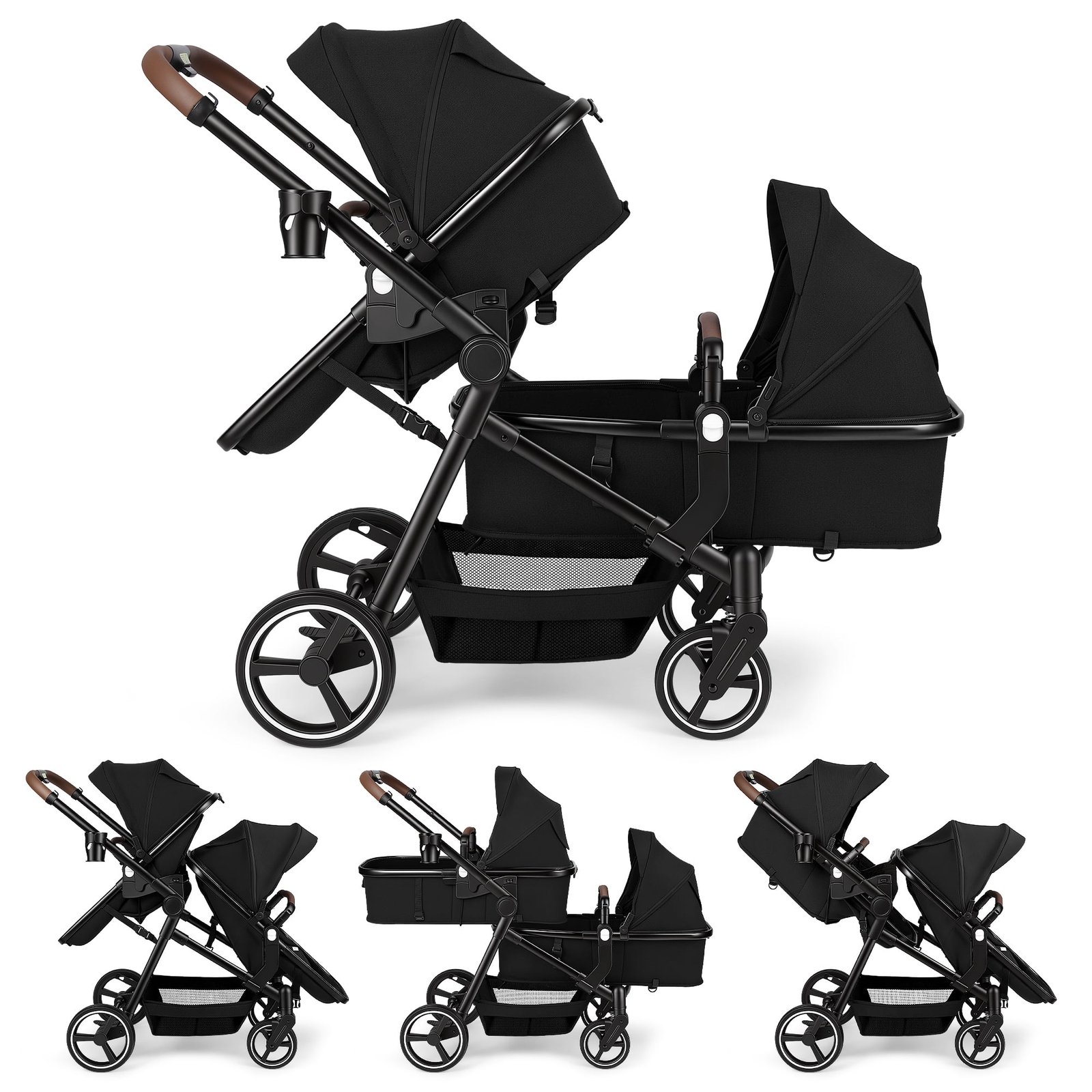 Vomeast Double Stroller for Infant and Toddlers, Foldable Twin Baby Strollers, Reversible Seat, 5-Point Harness, Adjustable Canopy & Reclining Seat, Black
