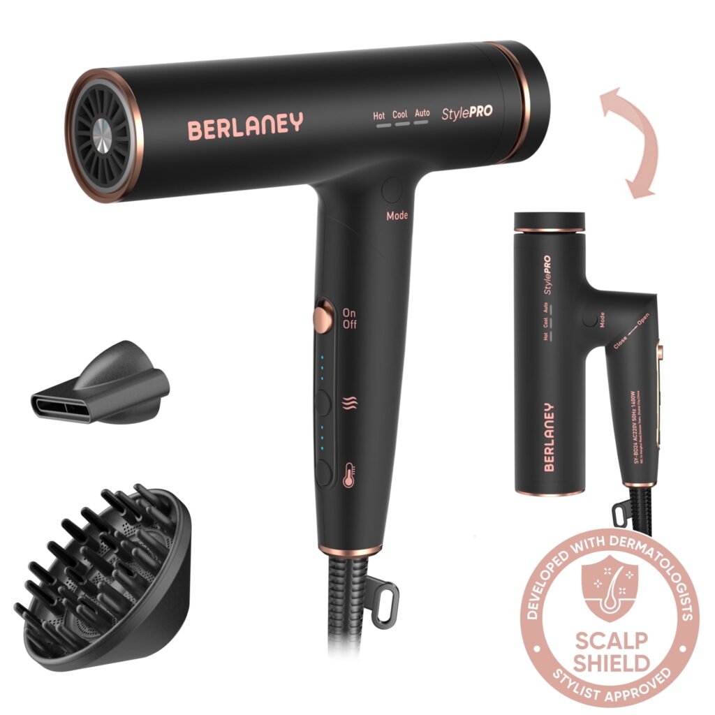 Berlaney Hair Dryer with Diffuser for Women, 1600W High Velocity Blow Dryer, Ionic Fast Drying Low Noise, 5 Heat 3 Speed for Salon Home Use