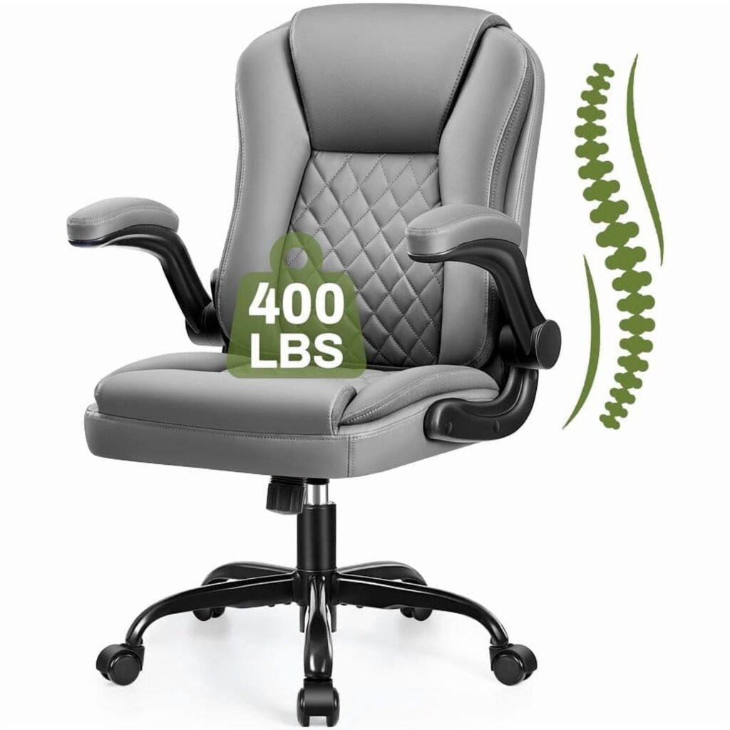 ATHOPE Leather Office Chair, Ergonomic Desk Chair with Flip-up Armrests, Executive Computer Chair for Home Office, 360°Swivel Free, Gray