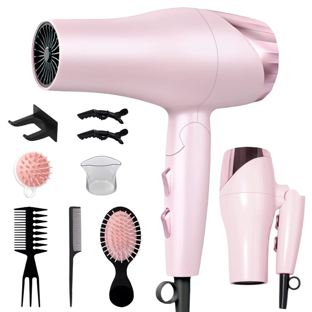 Morfone Hair Dryer, Negative Ionic Foldable Blow Dryer for Fast Drying, Thermo-Control Compact Hair Blow Dryer with Hair Diffuser, Pink