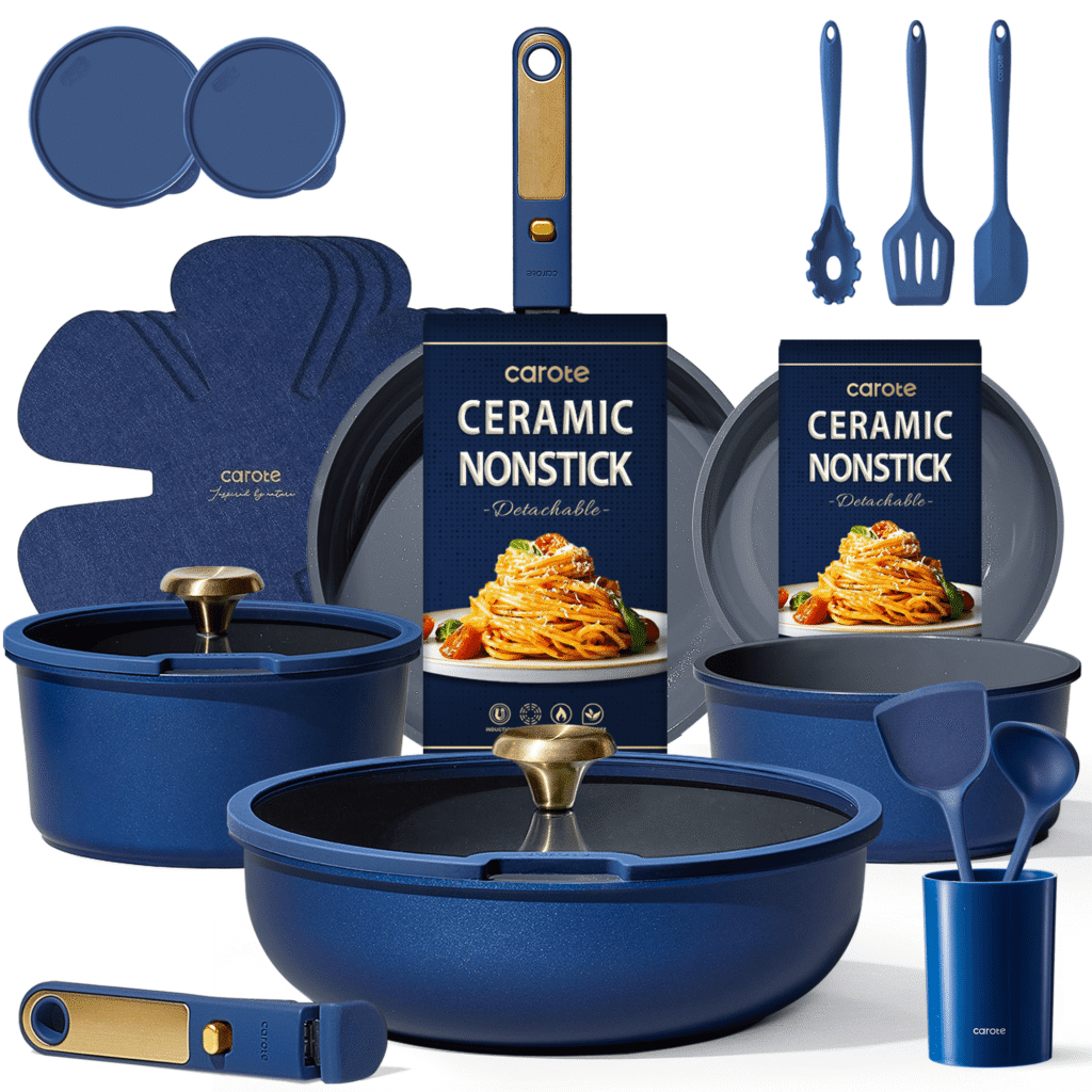 CAROTE 21-Piece Ceramic Cookware Set , Nonstick Pots and Pans Set with Detachable Handle and Lids, Induction Compatible, Blue