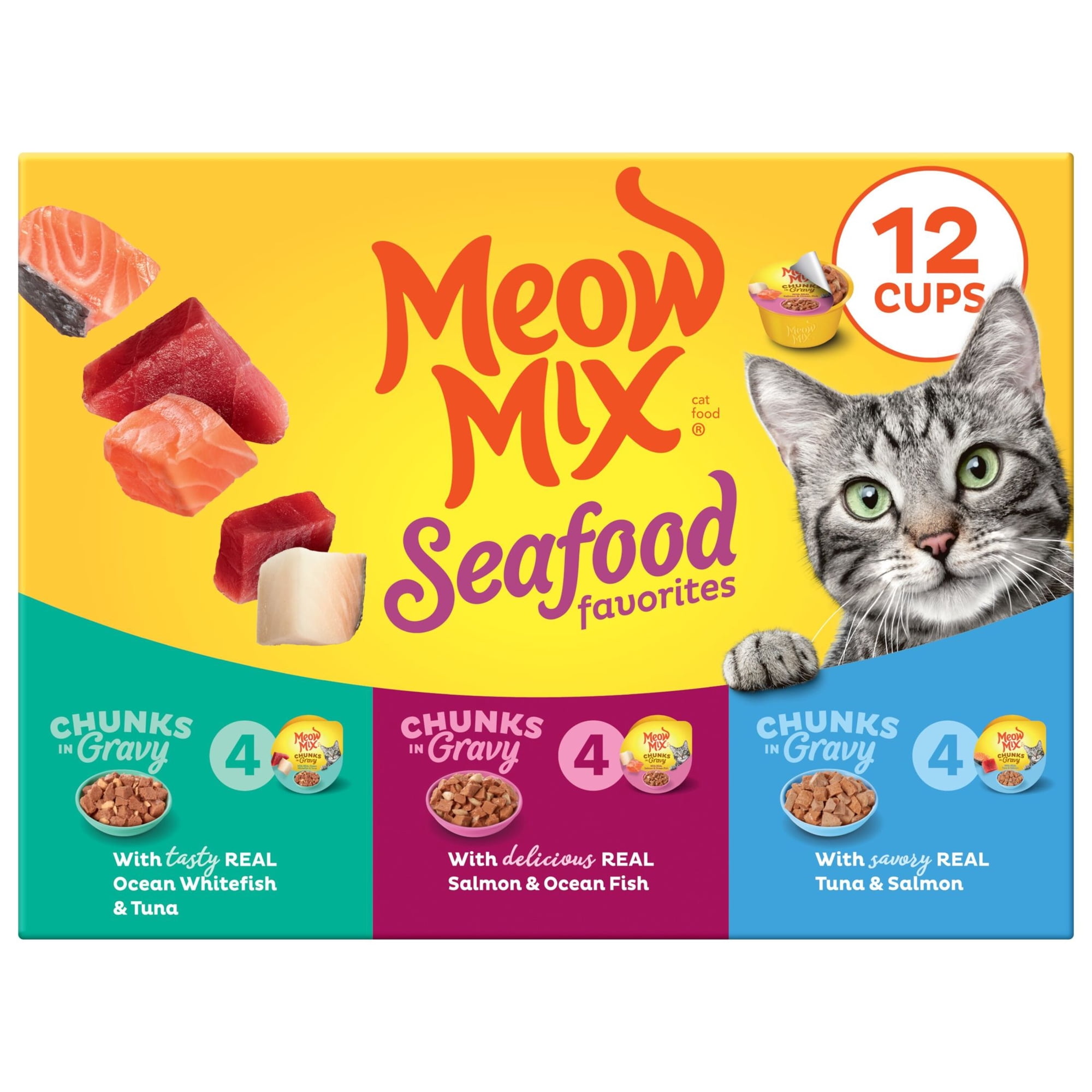 Meow Mix Savory Morsels Seafood Favorites Variety Pack, 2.75 oz Can (12 Pack)