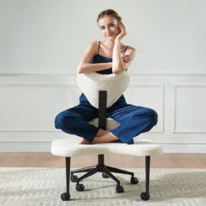 Pinmoco Cross Legged Office Chair, White Boucle Ergonomic Criss Cross Swivel Desk Chair, Heavy Duty Wide Seat for Meditation & ADHD, Armless