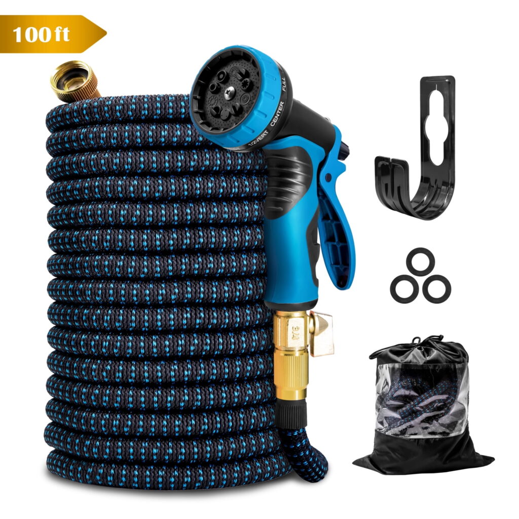 Kotto 100 ft Flexible Garden Hose, Water Hose for Outside with 10 Spray Nozzles, Brass Connector, Leak-Proof, Blue