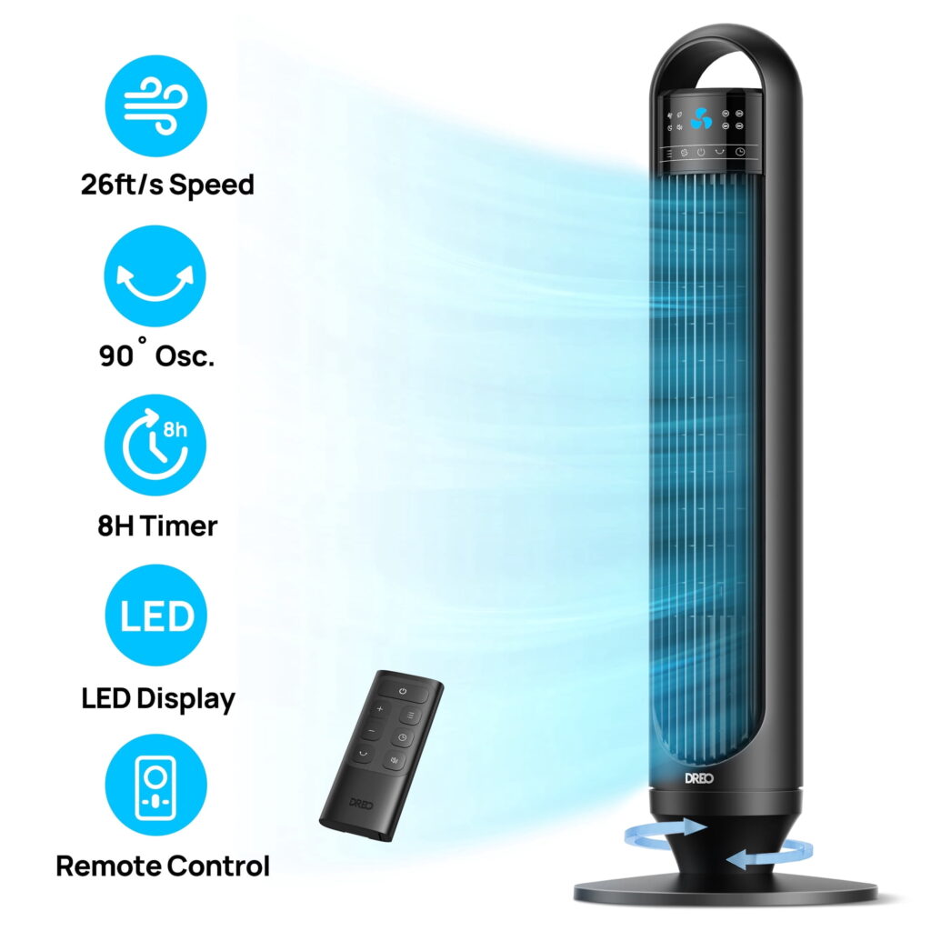 DREO Tower Fans for Home, 32" Standing Floor Fan, 26 ft/S Bladeless Fan with Remote, 90ยฐ Oscillating, 3 Modes, 3 Speeds, LED Display, 8H Timer, 22dB Ultra Quiet Room Fan