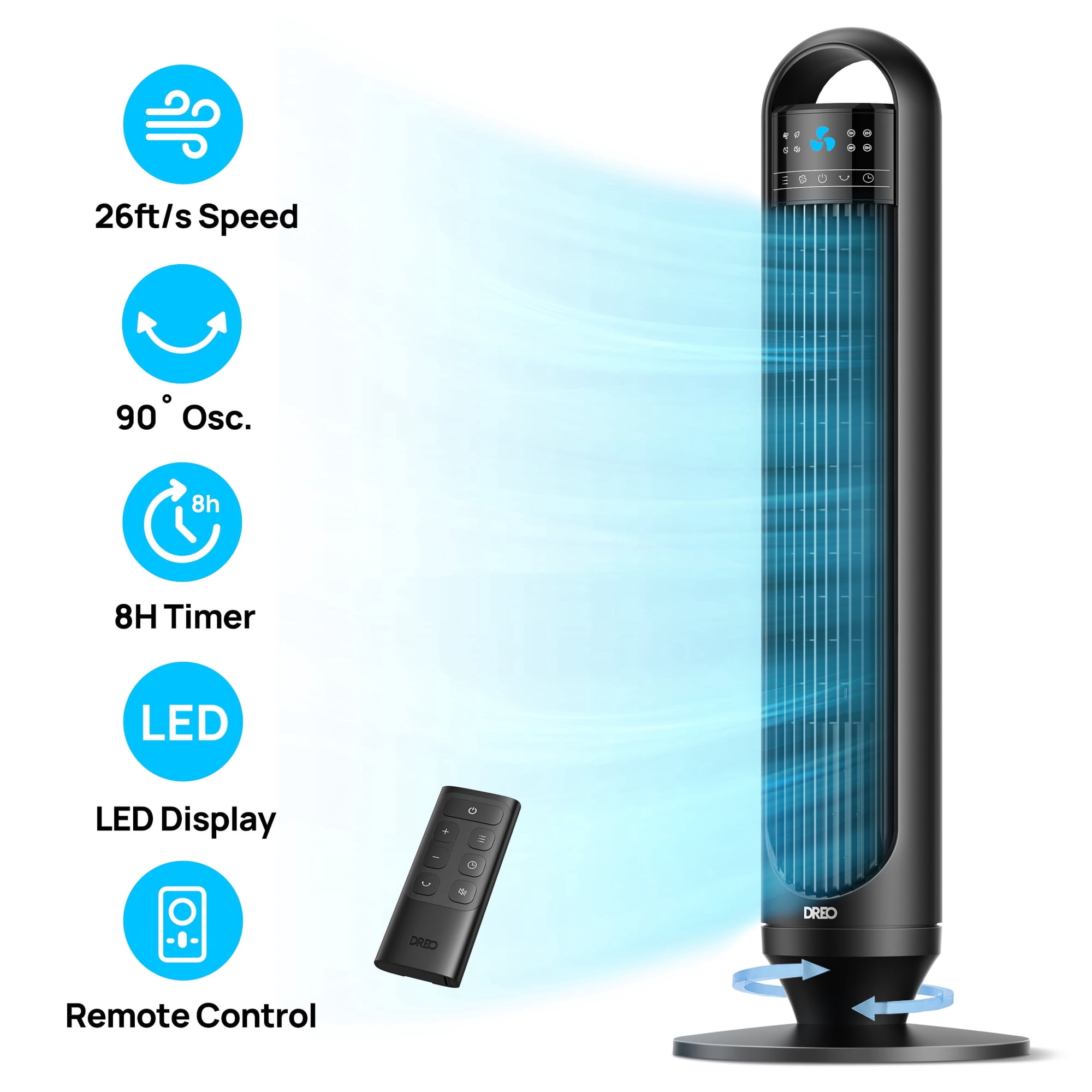 DREO Tower Fans for Home, 32" Standing Floor Fan, 26 ft/S Bladeless Fan with Remote, 90° Oscillating, 3 Modes, 3 Speeds, LED Display, 8H Timer, 22dB Ultra Quiet Room Fan