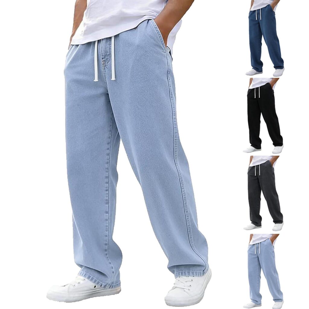 Swuxness Men Jeans Long Pants Washed Denim Drawstring Elastic Waist Storage Pocket Wear
