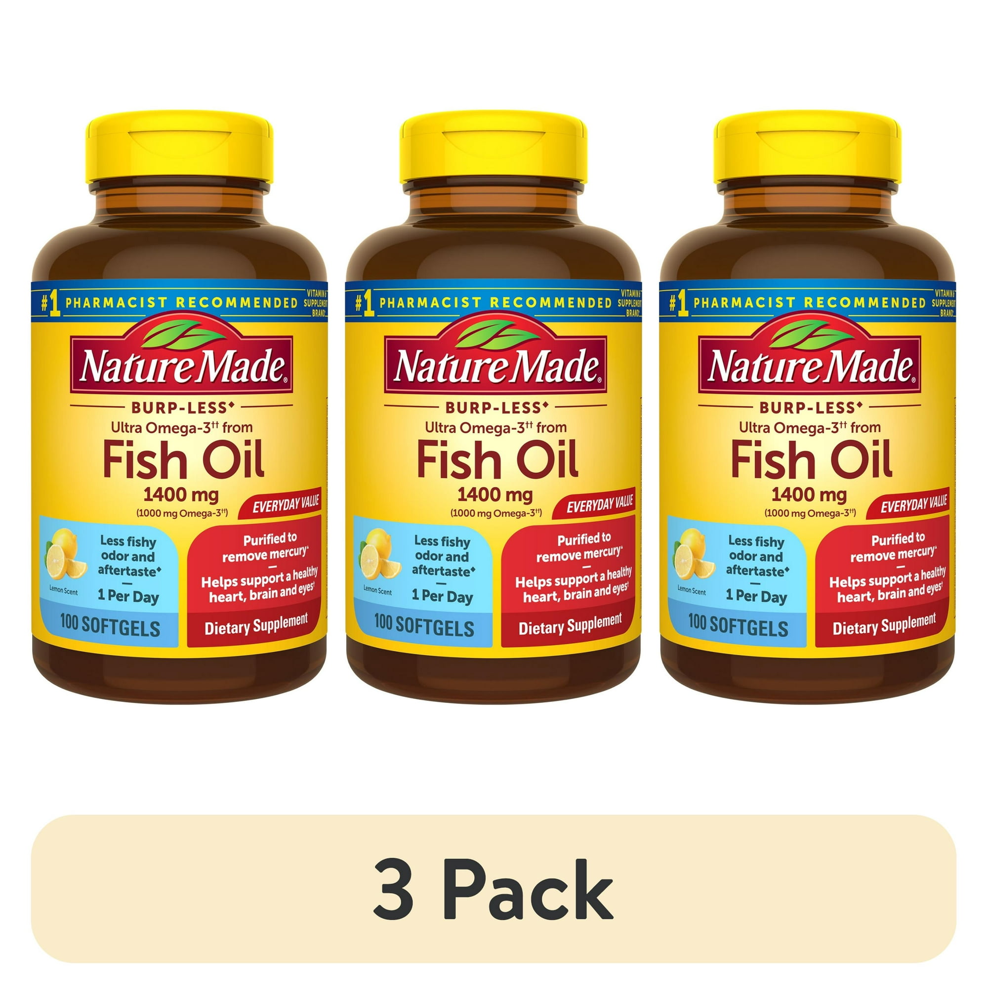 (3 pack) Nature Made Burp Less Ultra Omega 3 Fish Oil 1400 mg Softgels, Fish Oil Supplements, 100 Count