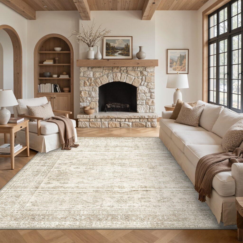 KUETH 8X10 Vintage Area Rugs Machine Washable Rugs for Living Room, Non Slip Flat Pile Rug with Rubber Backing, Boho Rug for Entryway Bedroom Dining Room Home Office