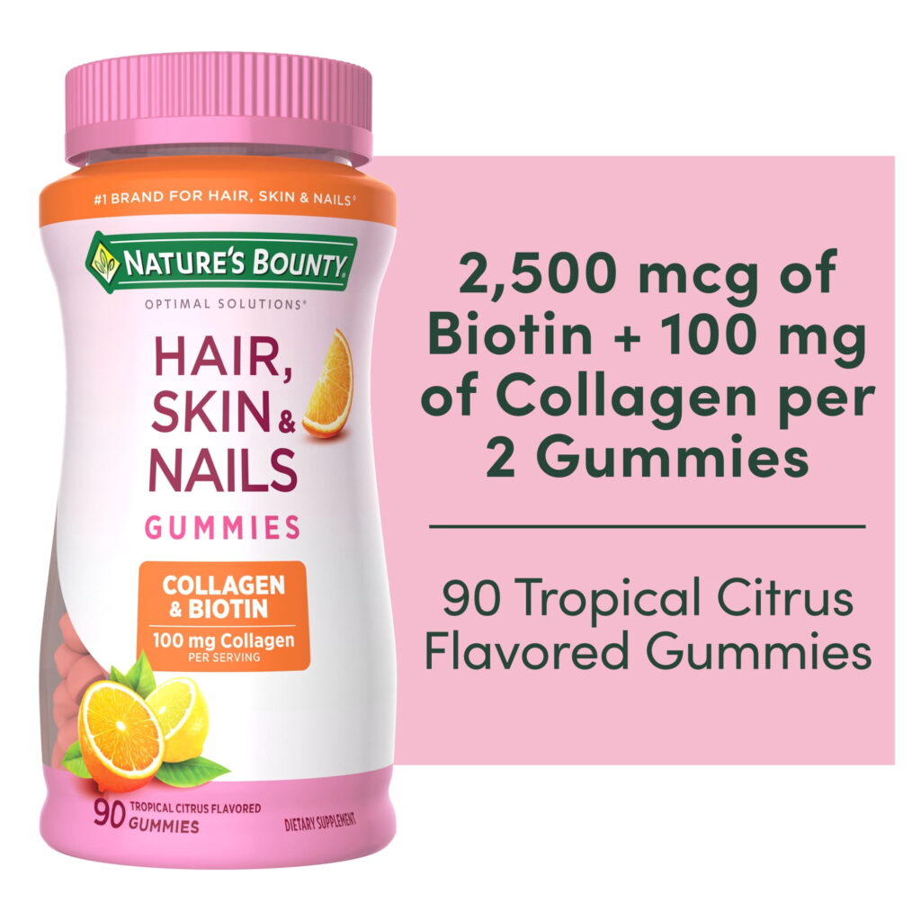 Nature's Bounty Optimal Solutions Hair Skin and Nails Vitamin with Collagen and Biotin, Women's Multivitamin, Tropical Citrus Gummies, 90 Count