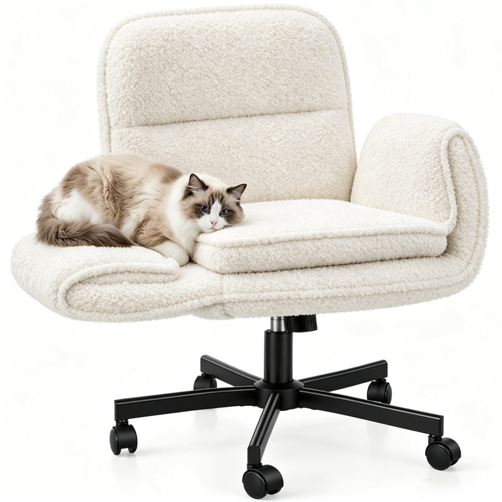 Patbrela Office Chair Teddy Plush Ergonomic Criss Cross Office Chair with Adjustable Armrests, Swivel Vanity Chair Comfy Desk Chairs, Beige