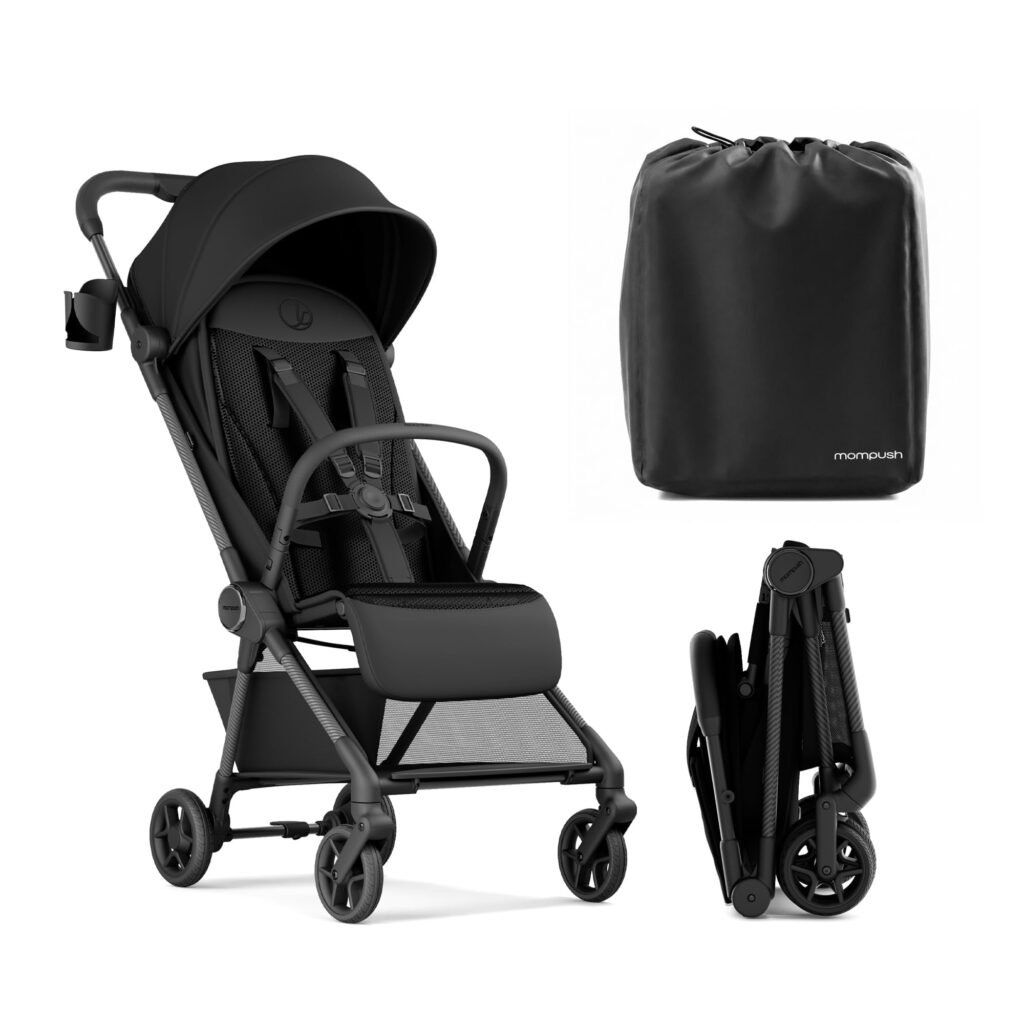 Mompush Nexis Carbon Ultra-Light Travel Stroller, Compact, Full Recline, from Birth to 50 lbs, Black, 13.9LB, Unisex