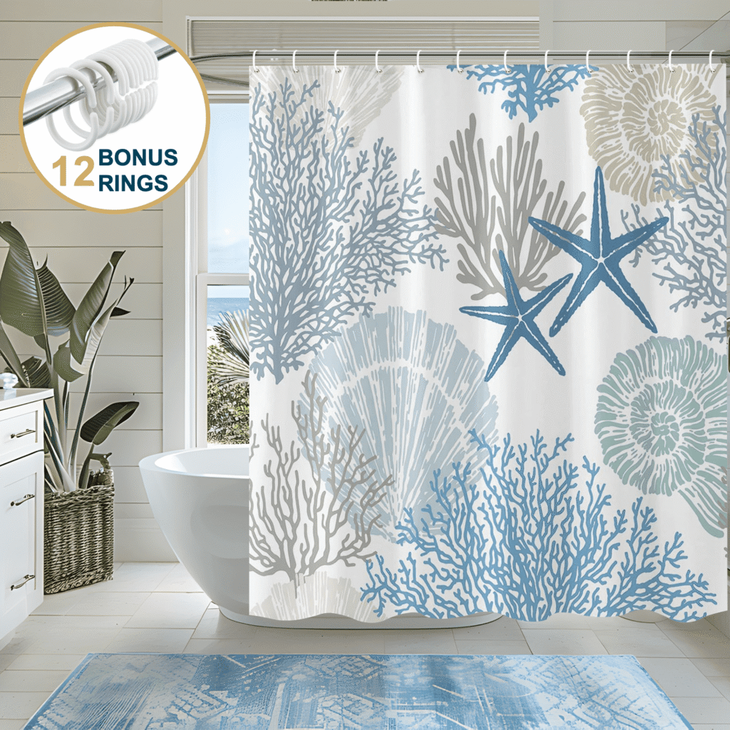 ComfiTime Beach Coastal Shower Curtain with Hooks โ Heavy-Duty Mold/Mildew-Resistant, Weighted-Hem Fabric Bathroom Curtain, Water-Repellent, Machine-Washable, Fade-Resistant, Blue, 72 x 72