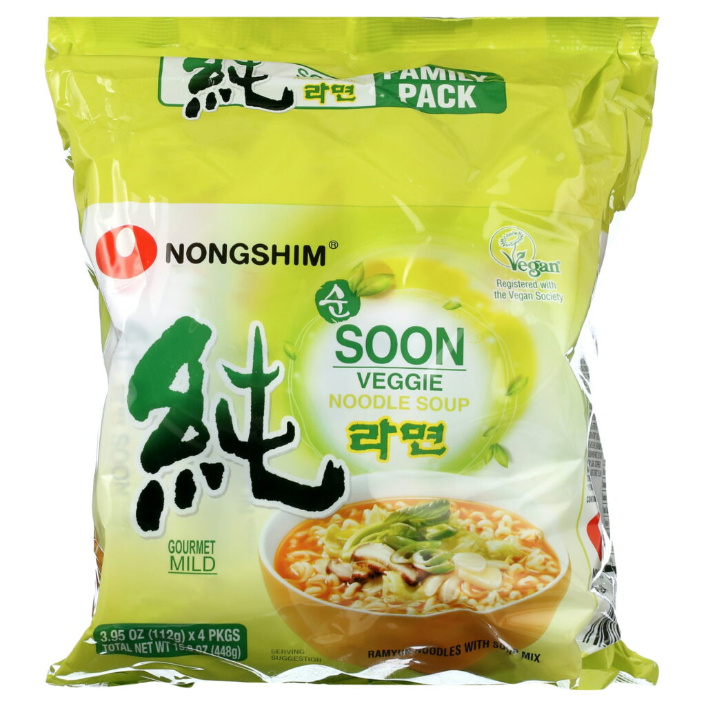 Nongshim Soon Veggie Savory Vegan Ramyun Ramen Noodle Soup Pack, 3.95oz, 4 Count