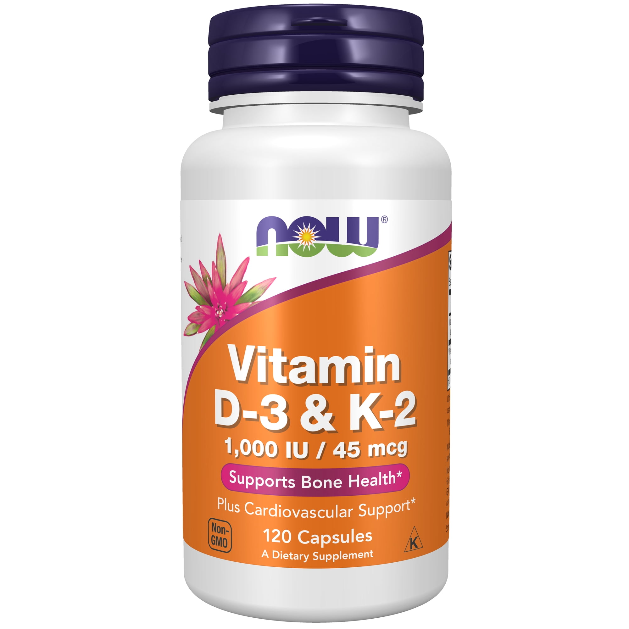NOW Supplements, Vitamin D-3 & K-2, 1,000 IU/45 mcg, Plus Cardiovascular Support, Supports Bone Health, 120 Veg Capsules