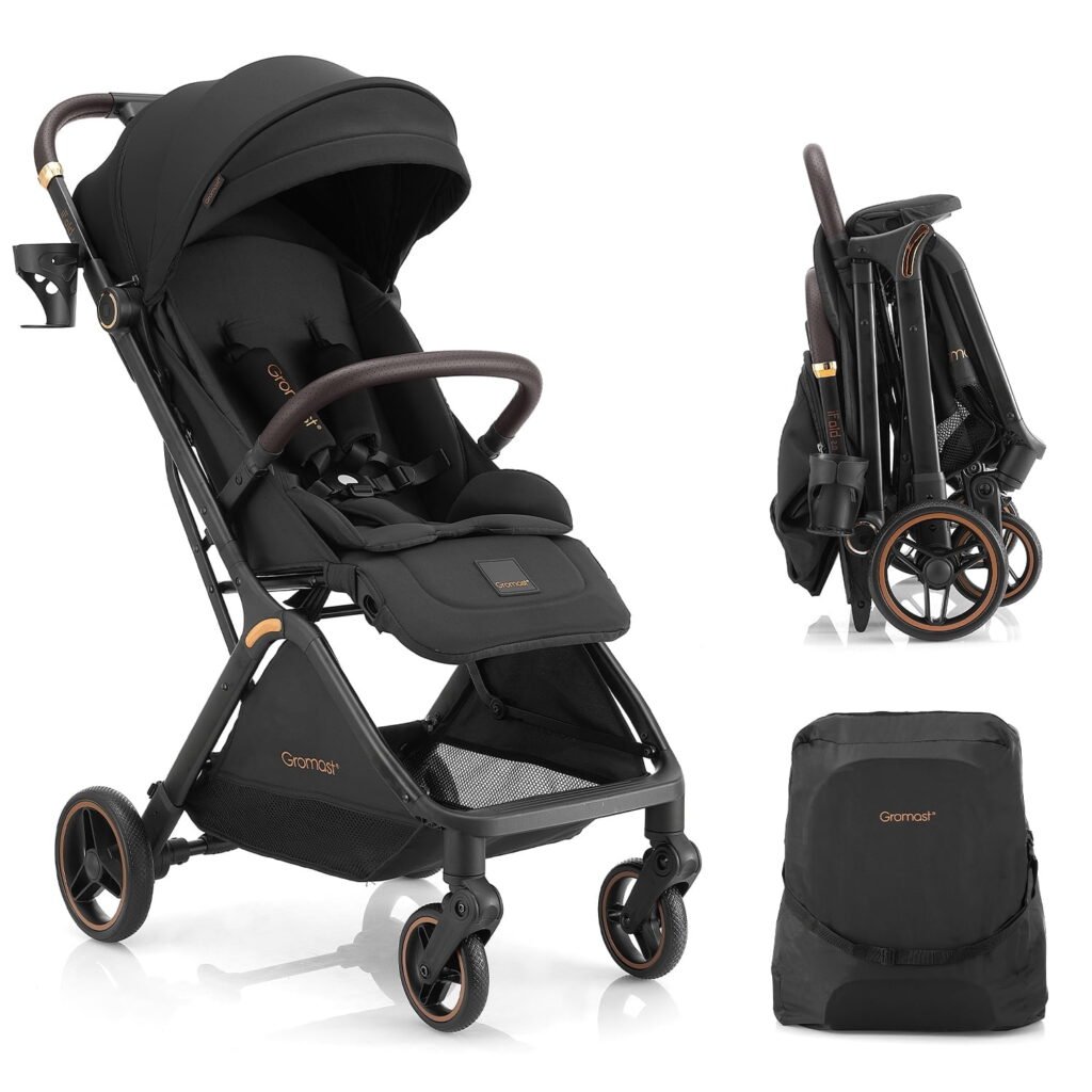 Gravity Folding Baby Stroller - Portable Toddler Stroller w/ Adjustable Backrest & Canopy, Lightweight and UV Protected Travel Stroller, One-Hand Automatic Folding - Black