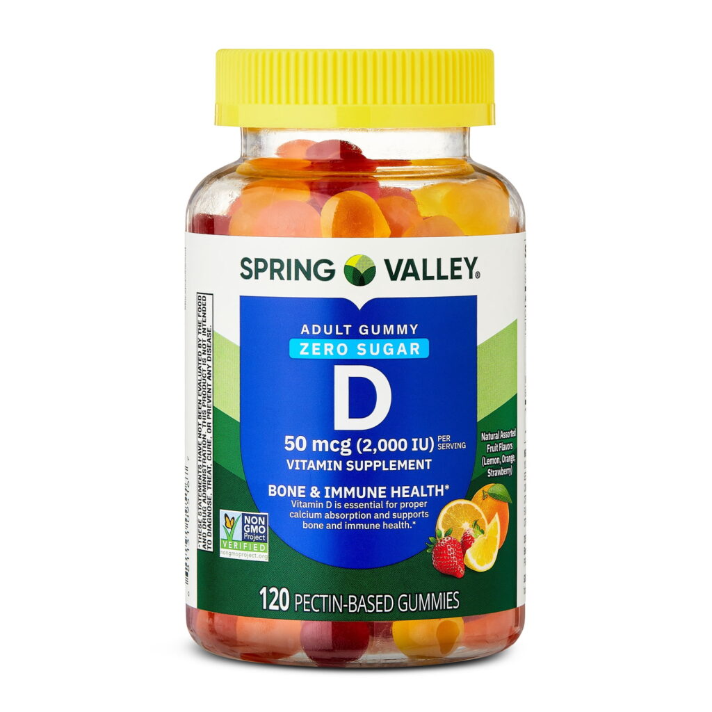Spring Valley Zero Sugar Vitamin D Gummies, 50 mcg (2,000 IU), 120 Count Dietary Supplement for Bone and Immune Health