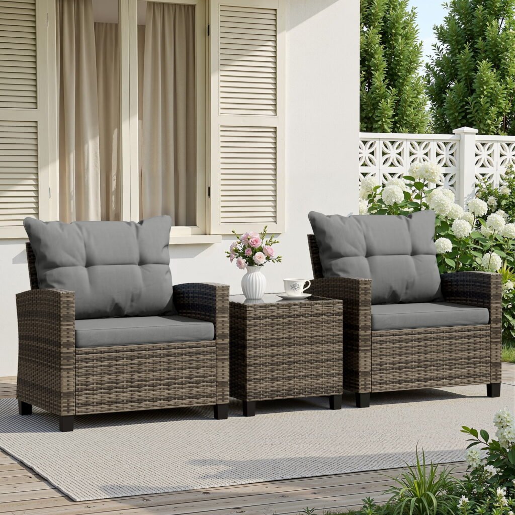 Walsunny 3 Pieces Patio Furniture Set Outdoor Wicker Conversation Bistro Set Outdoor Patio Chairs with Tempered Glass Table Grey