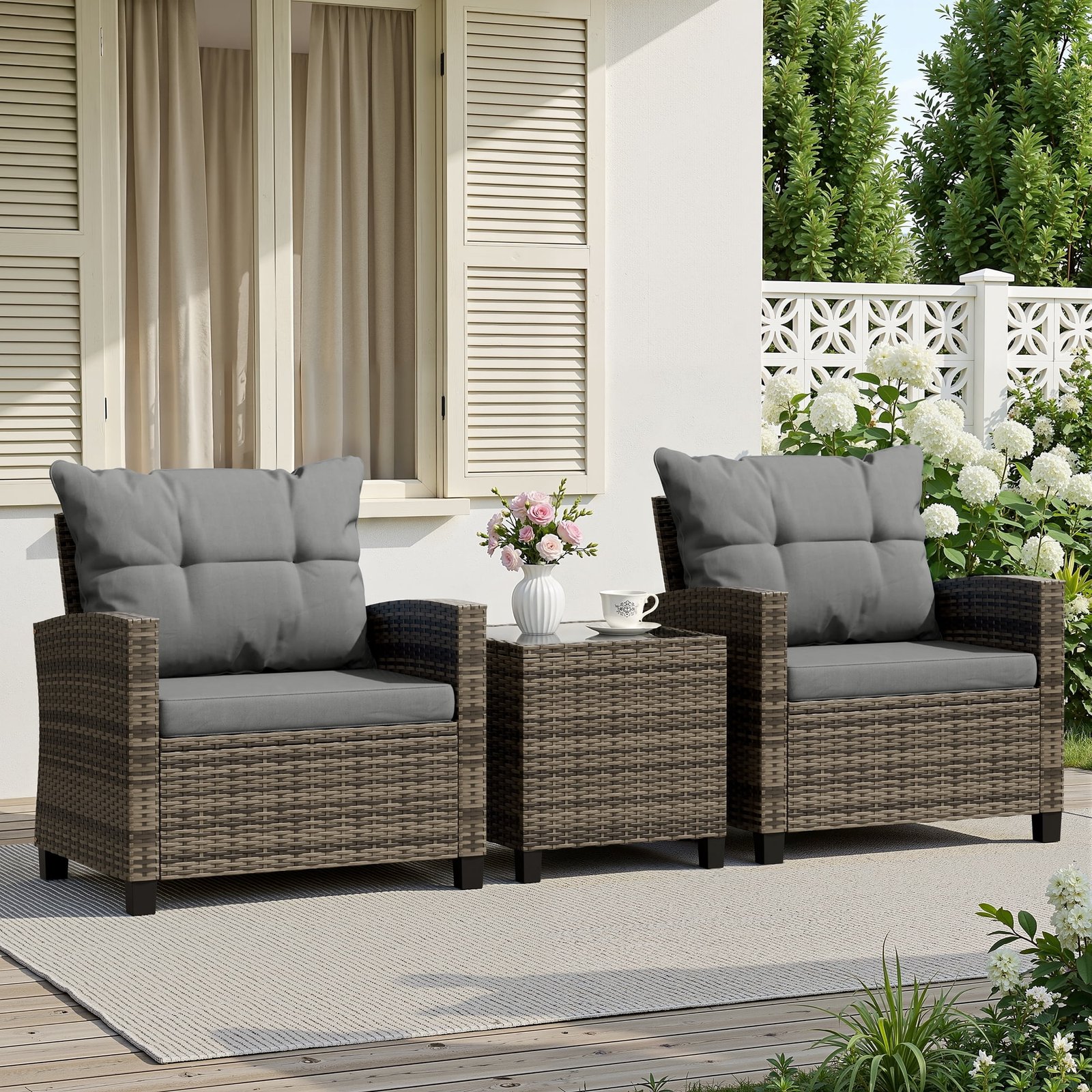 Walsunny 3 Pieces Patio Furniture Set Outdoor Wicker Conversation Bistro Set Outdoor Patio Chairs with Tempered Glass Table Grey