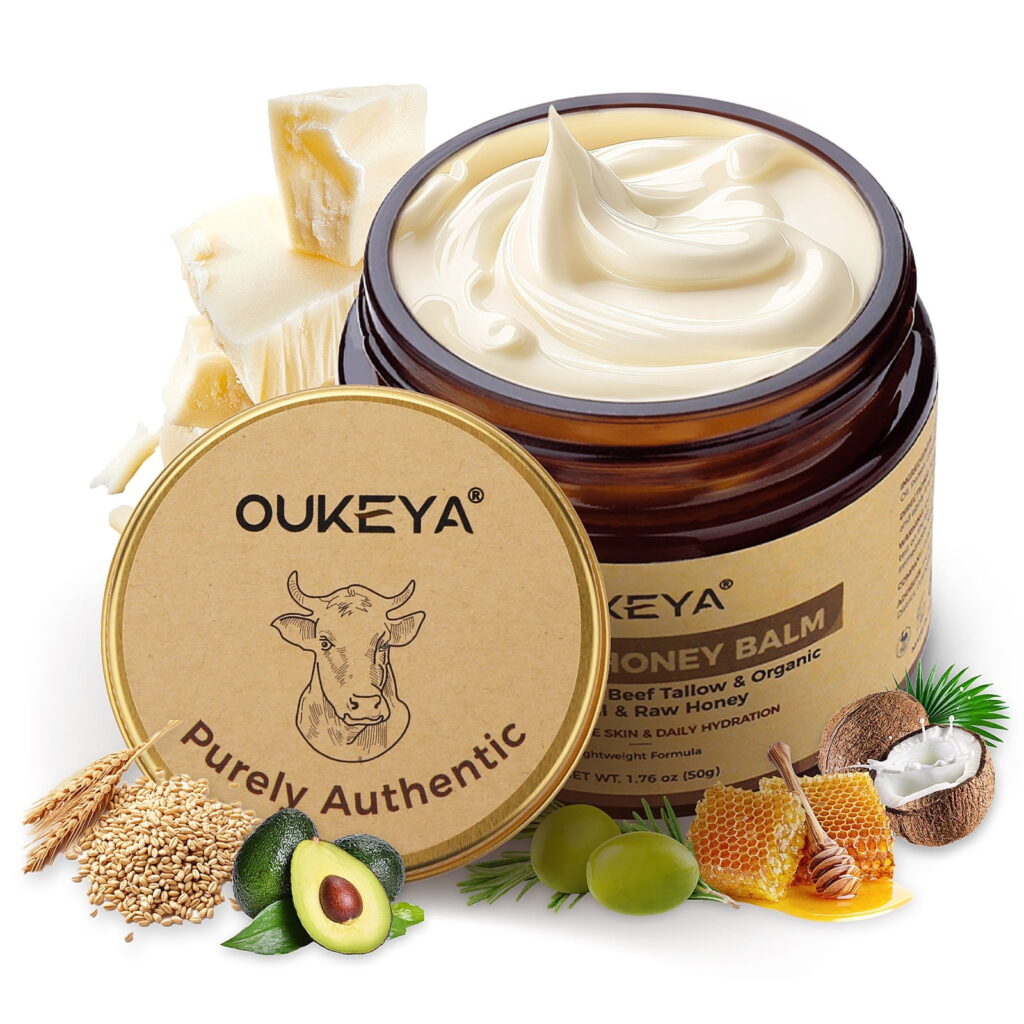 OUKEYA Honey Balm Moisturizer with Grass-Fed Beef Tallow, Olive Oil & Raw Honey, 1.76 oz