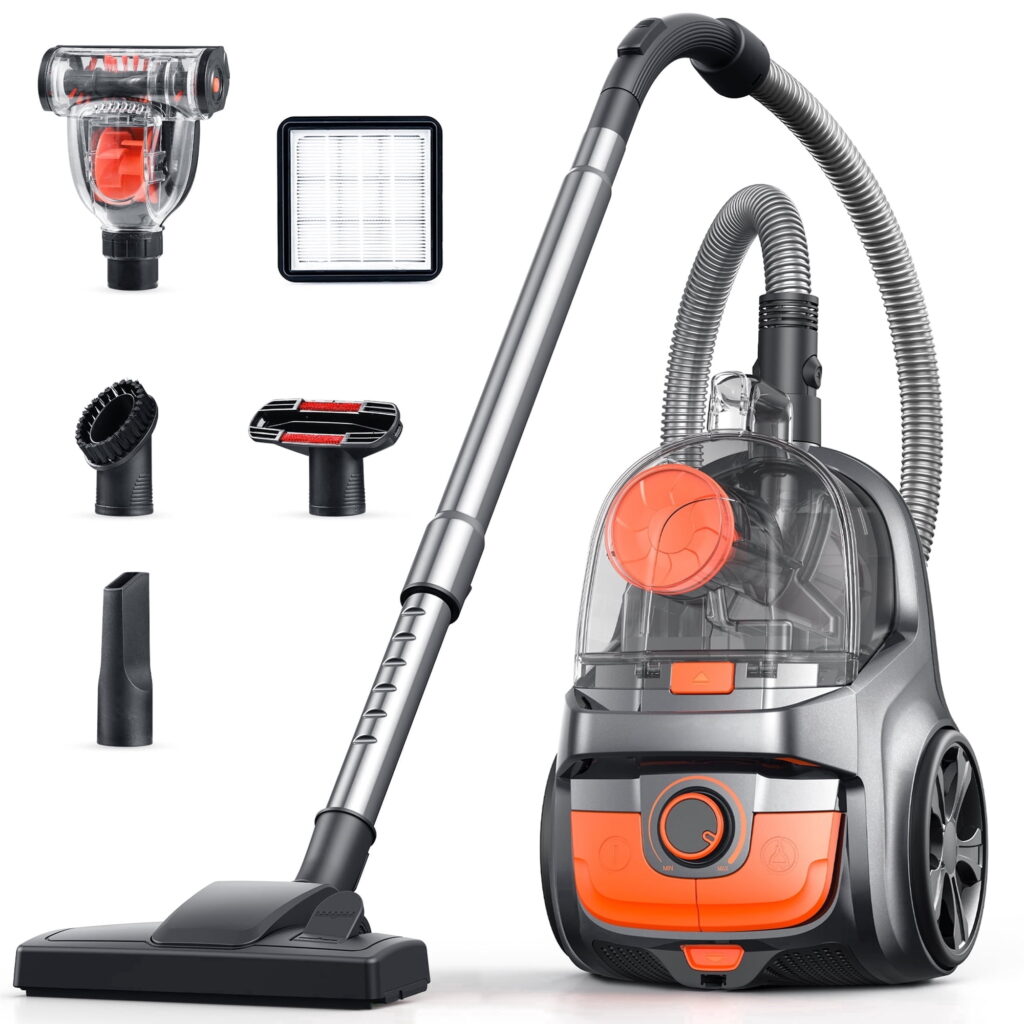 Canister Vacuum Cleaner, 30Kpa Powerful Suction, Bagless with 3.7QT Large Dust Cup, Auto Cord Rewind, HEPA Filter, 5 Attachments, Lightweight Vacuum for Pet Hair, Hard Floors & Car