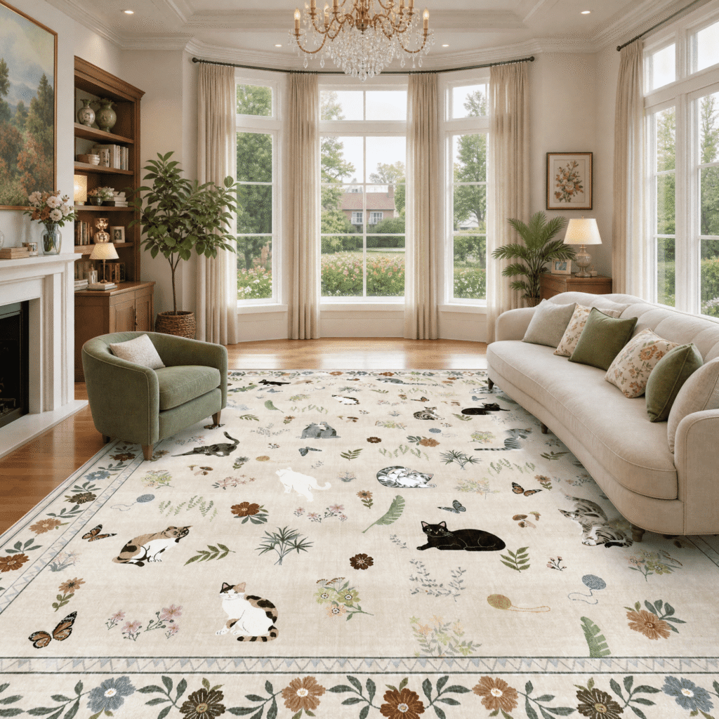 ATHOPE 5x7 Area Rugs for Living Room, Non Slip Low Pile Animal Cat Floral Washable Rug, Indoor Carpet for Bedroom Dining Room, Beige