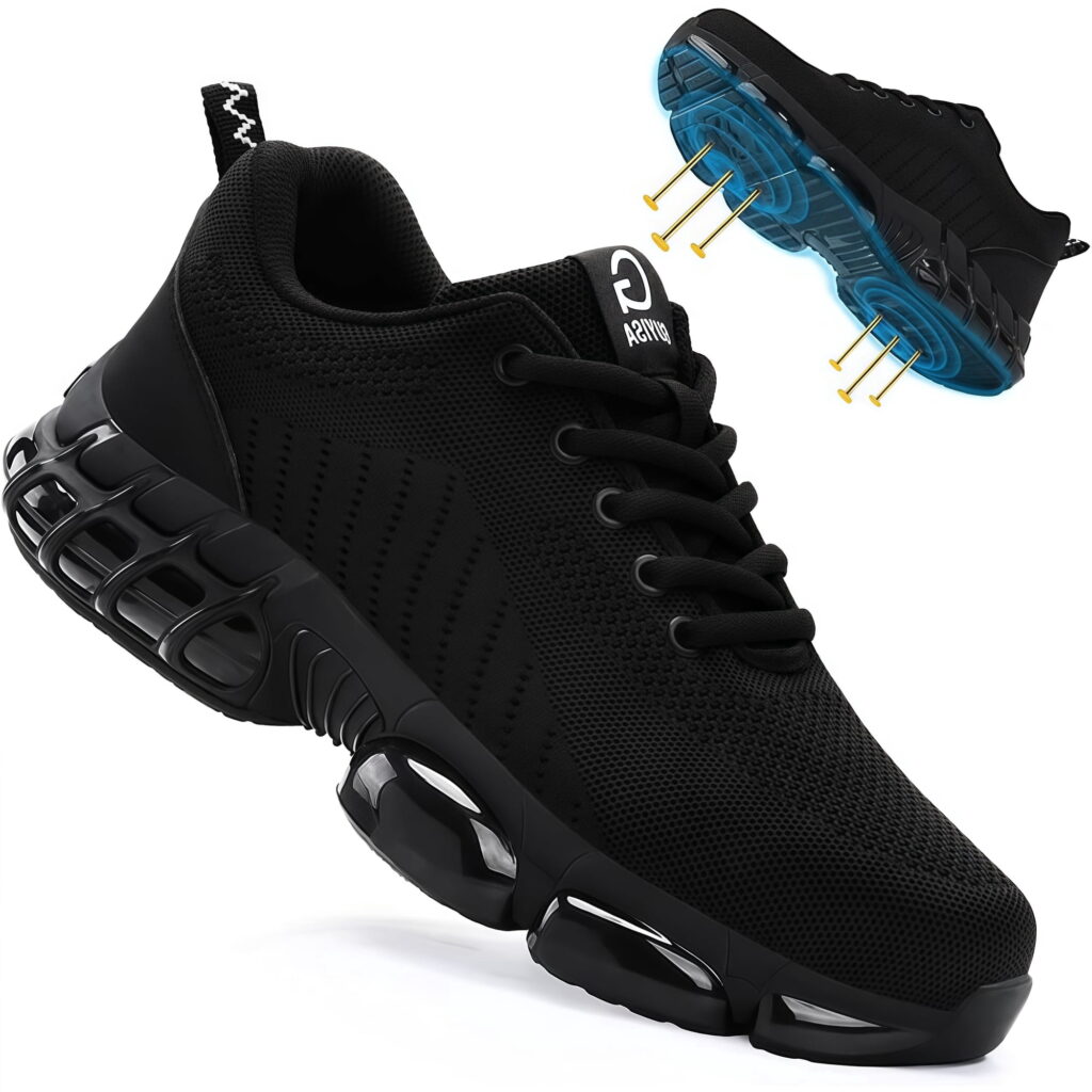 XQJ Work Shoes Lightweight Comfortable Safety Sneakers, Steel Toe, Wide, Black, Size 5