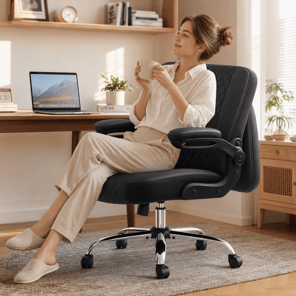 COOLHUT Criss Cross Office Chair with Flip Padded Backrest, Comfy PU Leather Cross Legged Desk Chair, Flip-Up Arms Desk Chair with Wide Seat for Office Space, Black