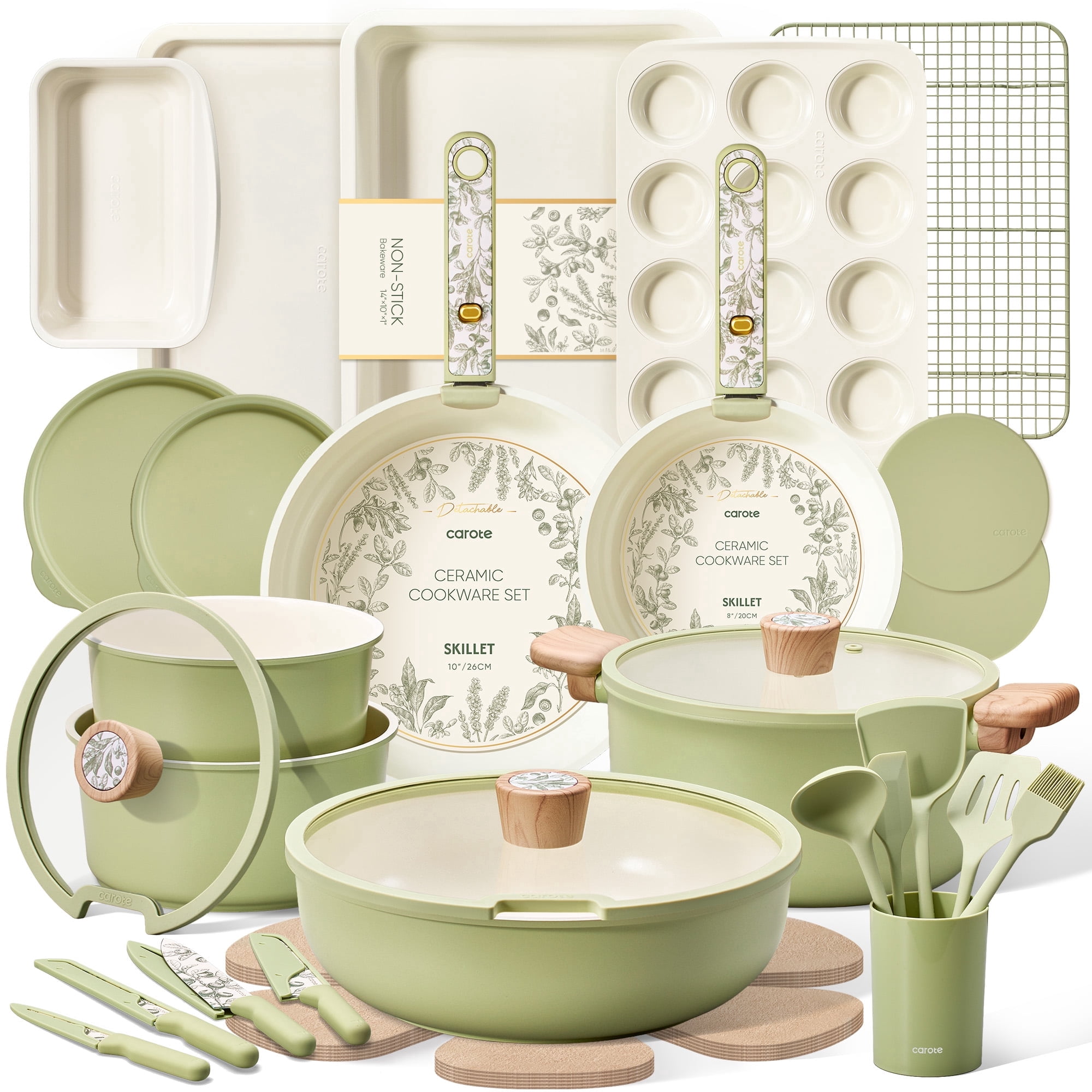 CAROTE 39-Pieces Ceramic Cookware Set, Nonstick Pots and Pans with Floral Detachable Handles, Induction Compatible, Diswasher Safe, Green
