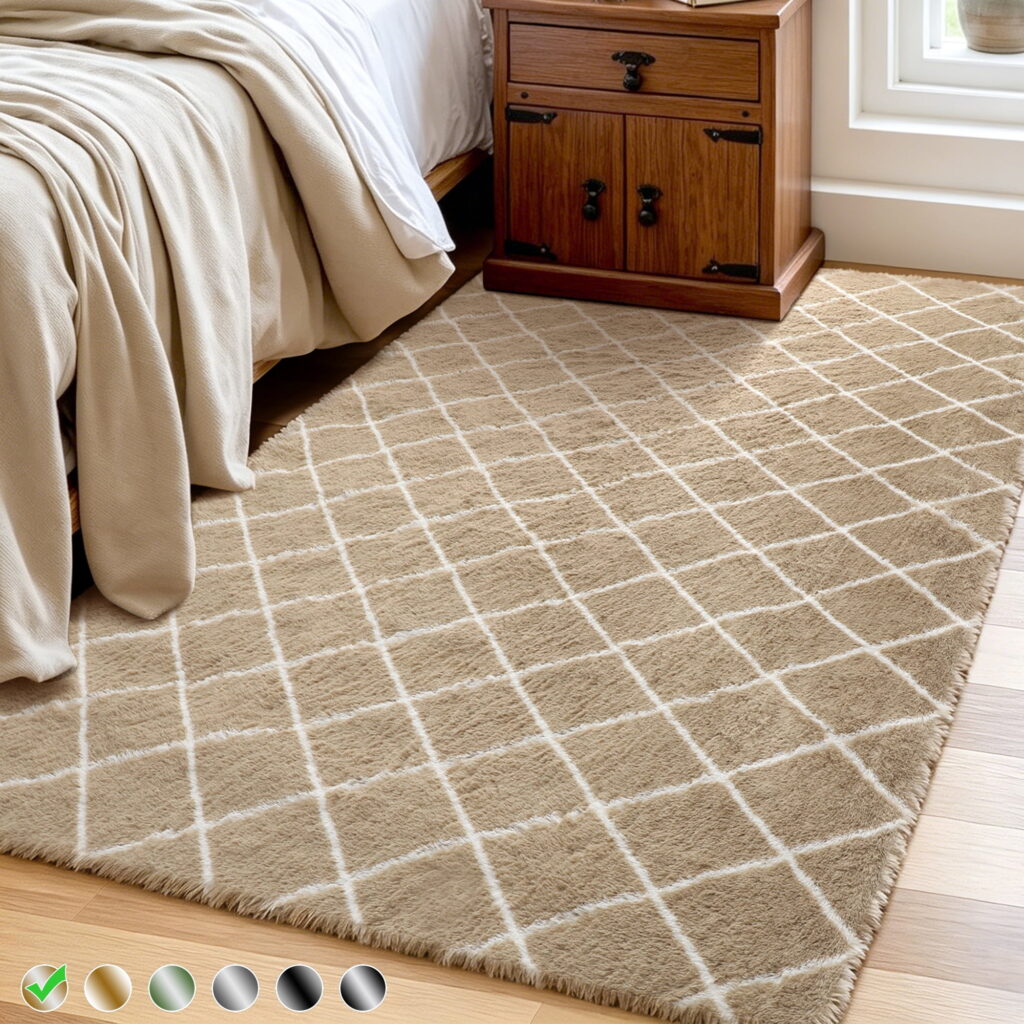 CozyDesg Shag Area Rugs,4'x6' Soft Fluffy Shaggy Carpet for Living Room,Large Rug for Bedroom Dining Room Home Decor Room Decor,Beige & White