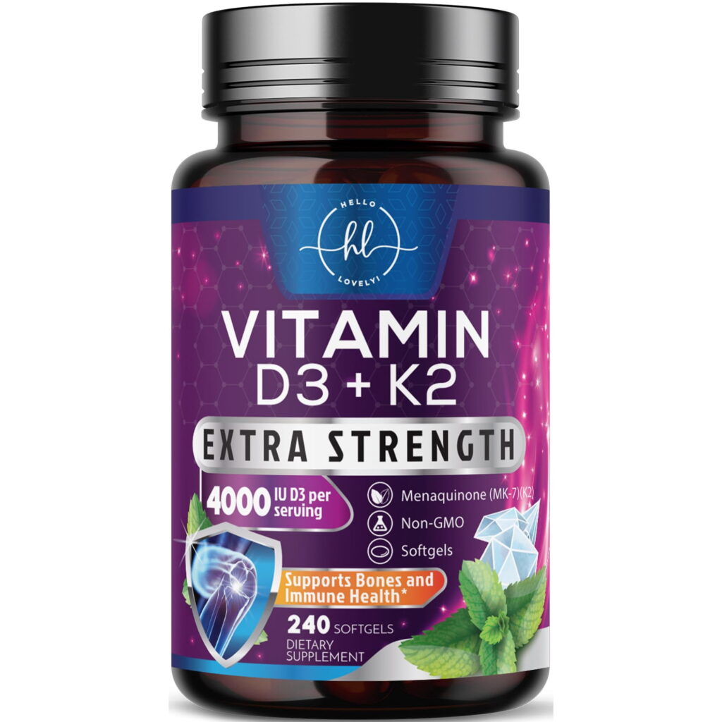 Vitamin D with K2 (MK-7) 4000IU Supplement - Vitamin D3, Natural D3K2 Complex Supplement for Bone, Teeth, Muscle, Calcium Absorption, Immune Support & Heart Health - Bottled in USA - 240 Softgels