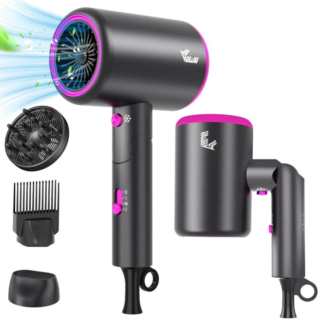 VIIWII Professional 2000W Ionic Hair Dryer , Fast Drying, Low Noise & Frizz Control, Foldable Lightweight Blow Dryer with Concentrator & Diffuser for Travel, Salon Home