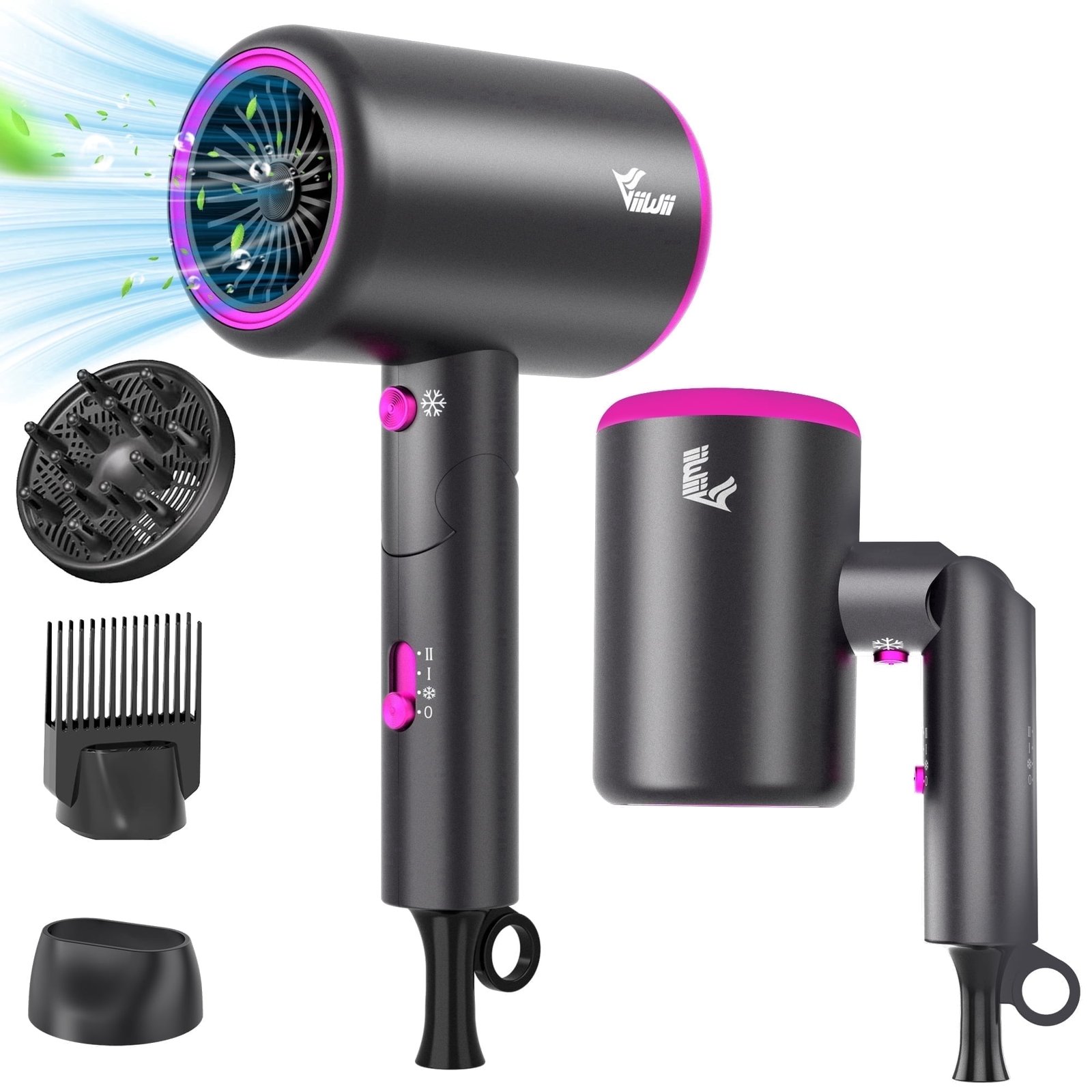 VIIWII Professional 2000W Ionic Hair Dryer , Fast Drying, Low Noise & Frizz Control, Foldable Lightweight Blow Dryer with Concentrator & Diffuser for Travel, Salon Home