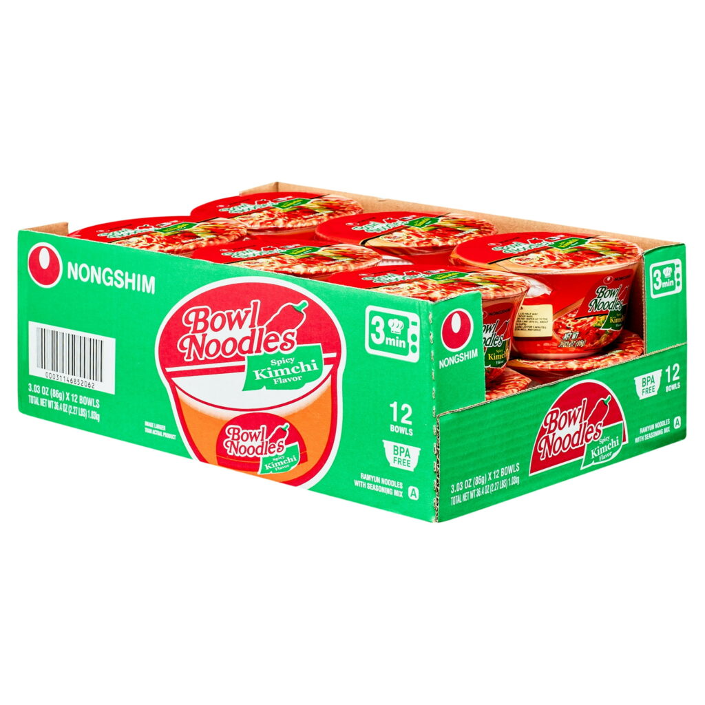 Nongshim Bowl Noodle Spicy Kimchi Ramyun Ramen Noodle Soup Bowl, 3.03oz X 12 Count, Shelf-Stable