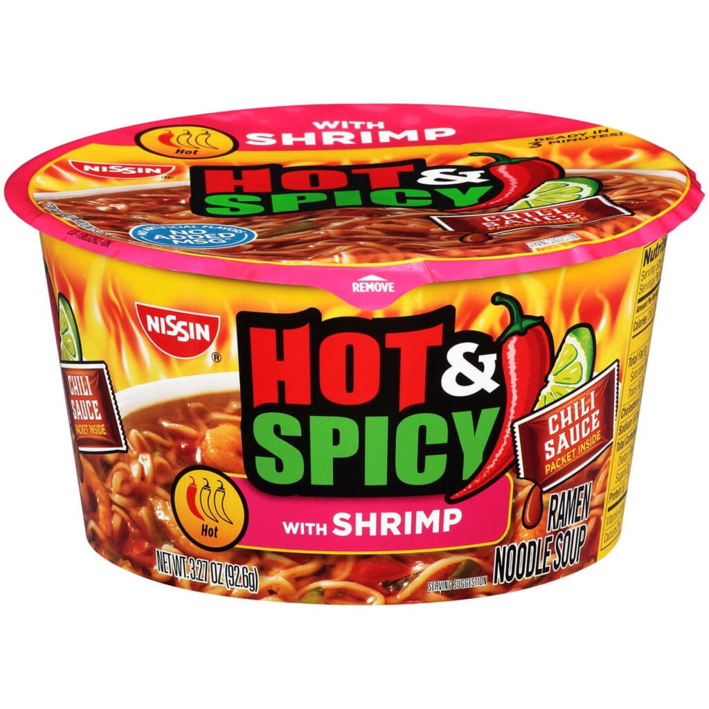 Nissin Foods Hot & Spicy Ramen Noodle Soup, Shrimp Flavor, 3.27 oz Bowl, Shelf-Stable