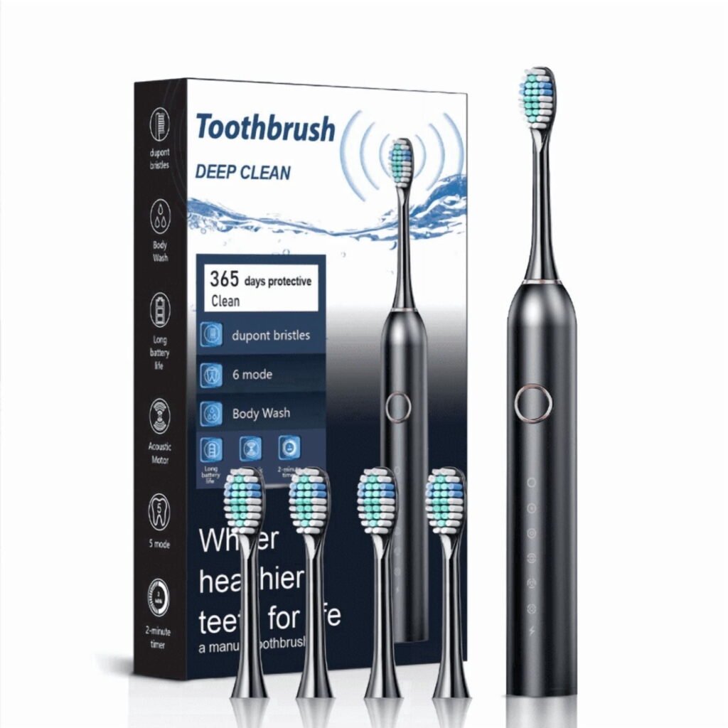 Electric Toothbrush for Adults with 4 Brush Heads, 180 Days Battery Life, Rechargeable, IPX7 Waterproof, 6 Modes, 42000 VPM, 2-Minute Smart Timer, Black + Storage Case