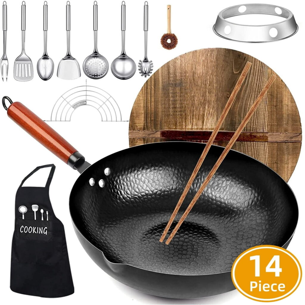 TAIMASI Carbon Steel Wok Pan, 14 Piece Woks & Stir-Fry Pans Set with Wooden Lid & Cookwares, Non-Stick Flat Bottom Chinese Woks Pan for Induction, 12.6''