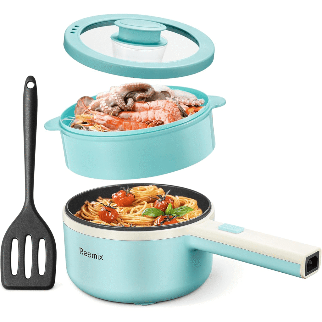 Hot Pot Electric With Steamer, 1.6L Ramen Cooker Non-Stick Sauté Pan for Steak, Egg, Fried Rice, Ramen, Oatmeal, Soup, Portable Personal Perfect Suit Dorm Room and Apartment (White)