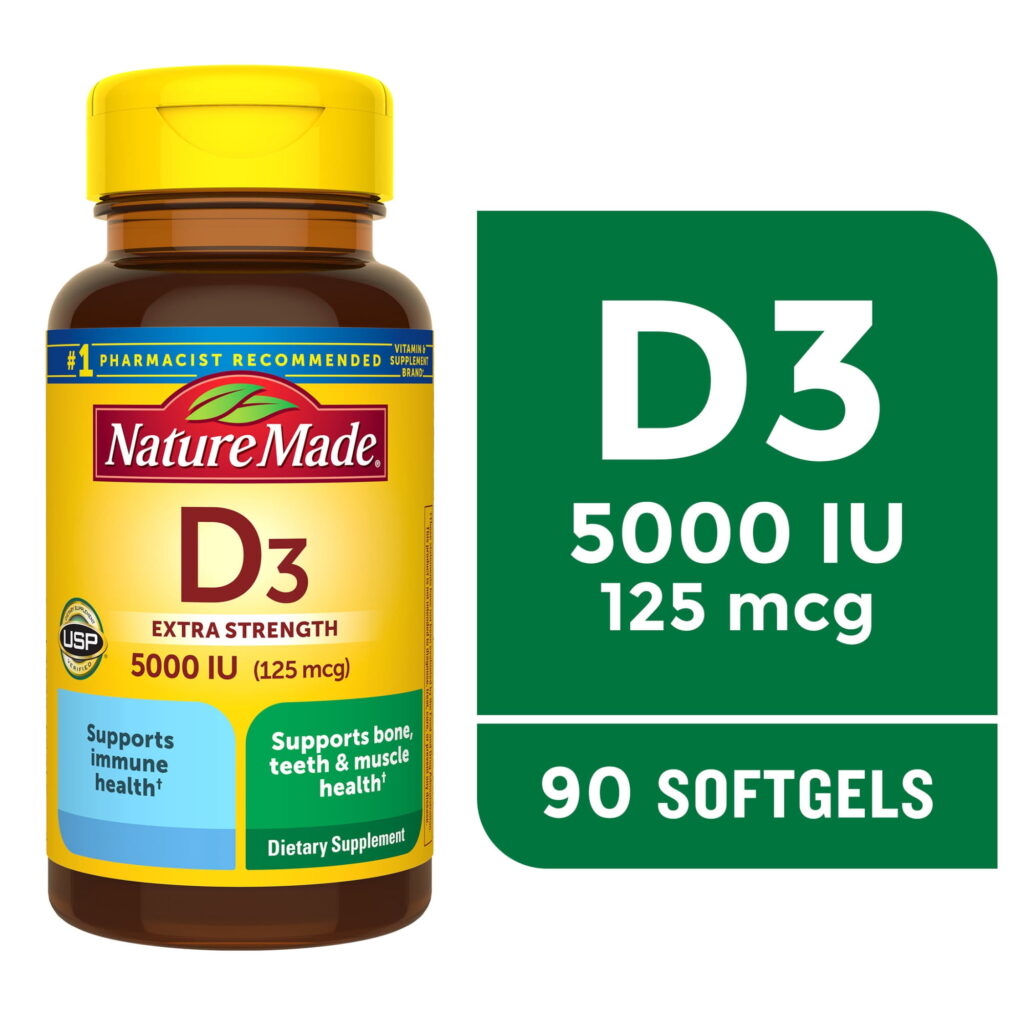 Nature Made Extra Strength Vitamin D3 5000 IU (125 mcg) Softgels, Dietary Supplement, 90 Count