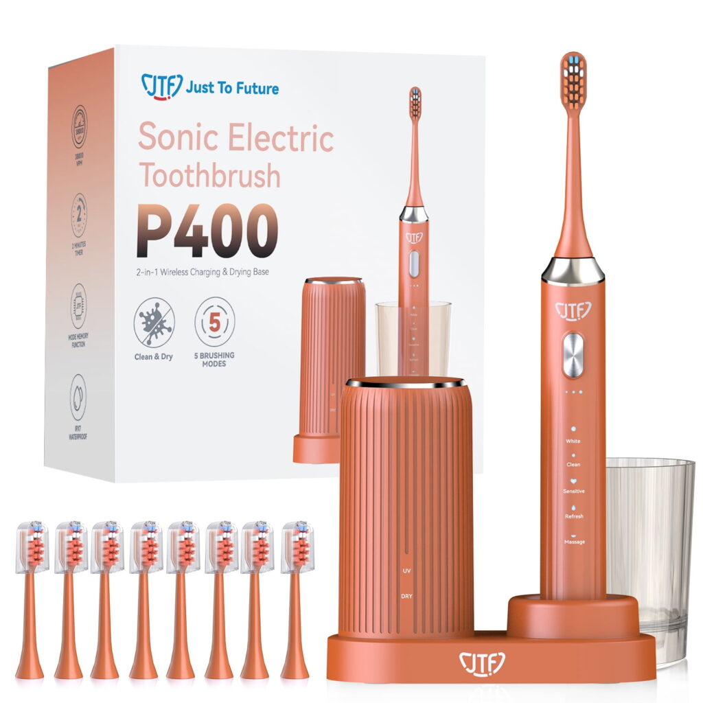 JTF Sonic Electric Toothbrush with UV & Drying: 5 Customized Modes for Effective Yet Gentle Cleaning โwith 8 Brush Heads, Rinse Cup, Wireless Charging Base, Rechargeable for Daily Care, Home & Travel